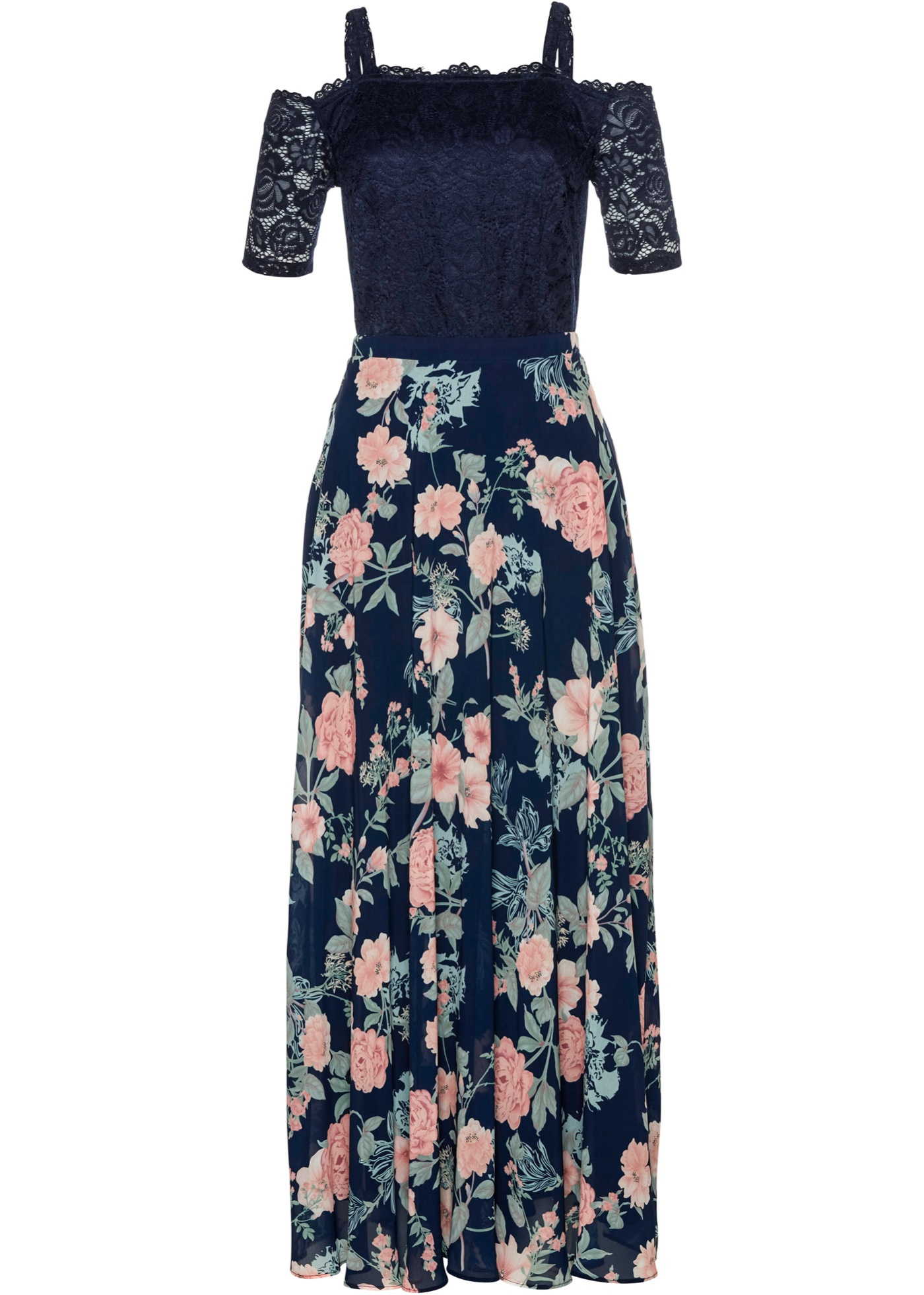 Šifónové šaty s kvetovanou potlačou a čipkou