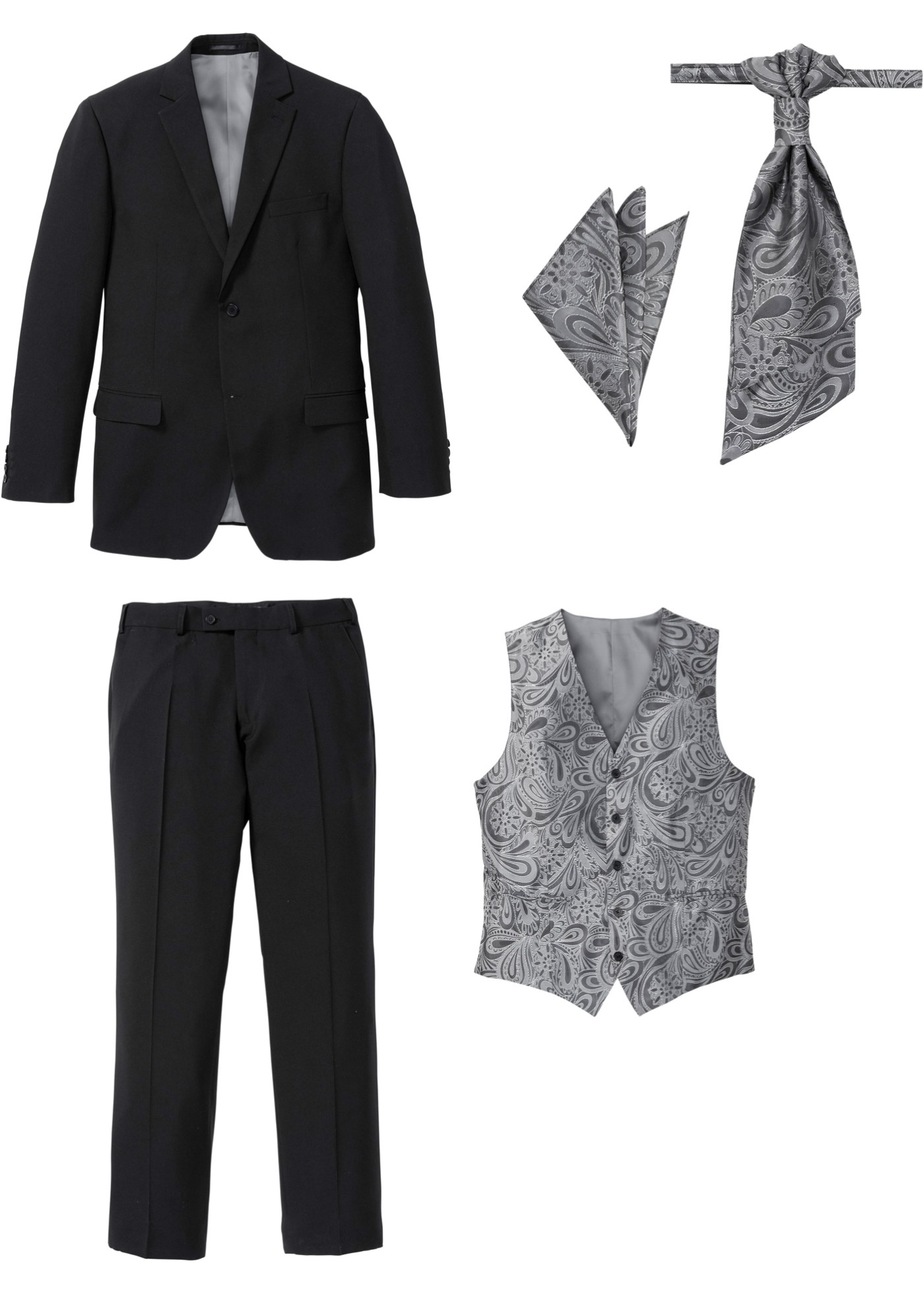 5-dielny oblek: sako, nohavice, vesta, kravata, vreckovka