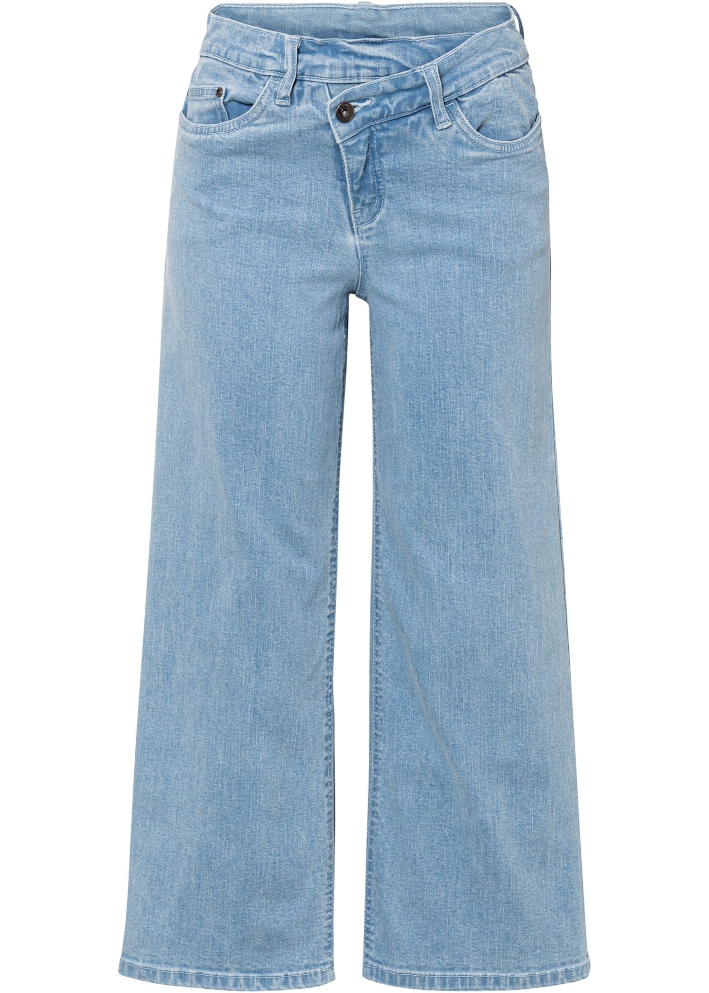 Široké skrátené džínsy so šikmým pásom z bio bavlny