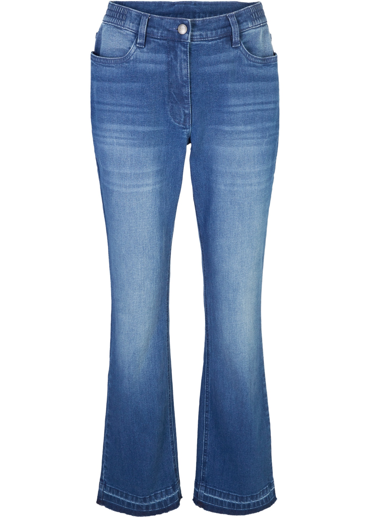Strečové džínsy s rozšíreným strihom a strapcami na koncoch