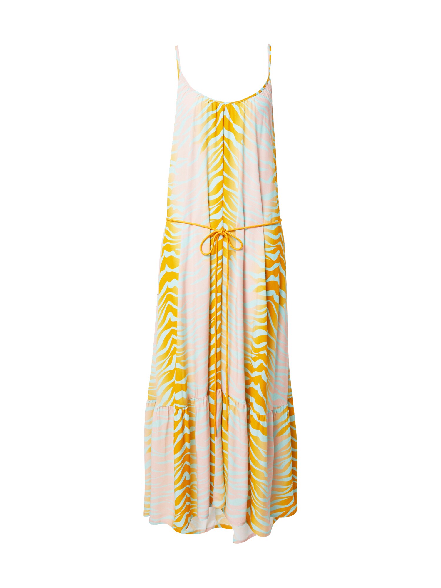 Letné šaty STUFF NEW TIGER azúrová zlatá žltá broskyňová DELICATELOVE
