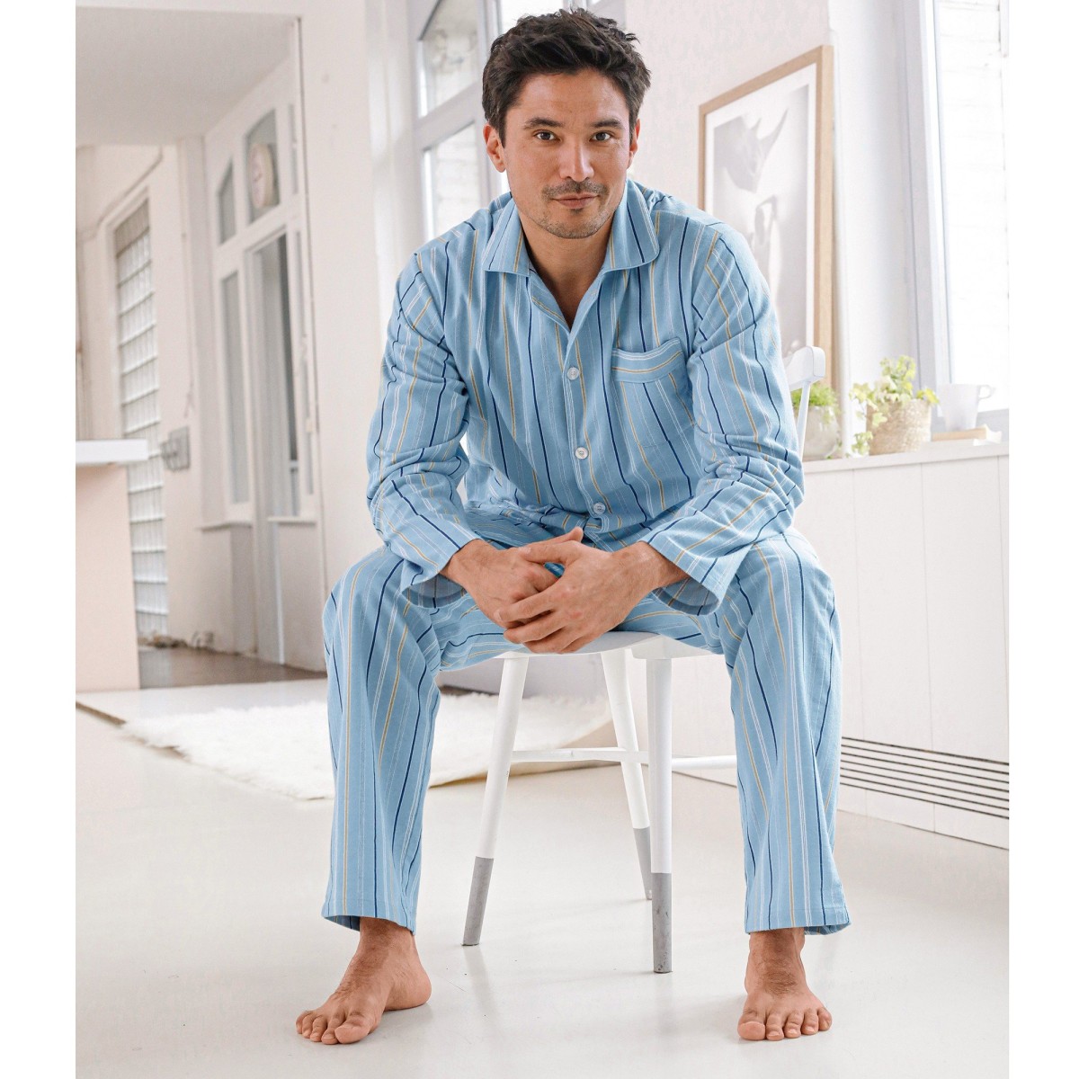 Flanelové pánske pyžamo s prúžkami modrá 87 96 (M)