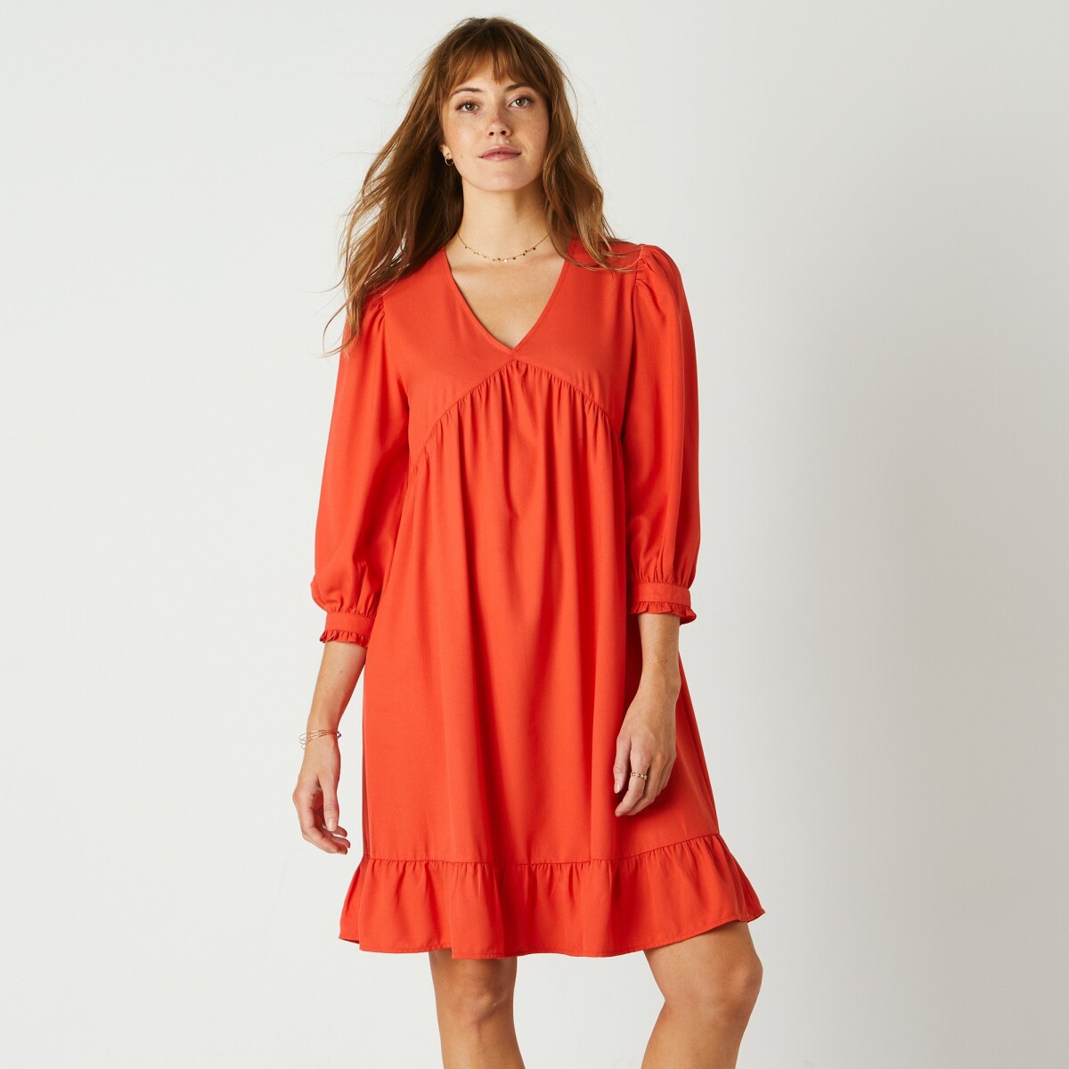 Jednofarebné rovné šaty s 3 4 rukávmi, krep oranžová 36