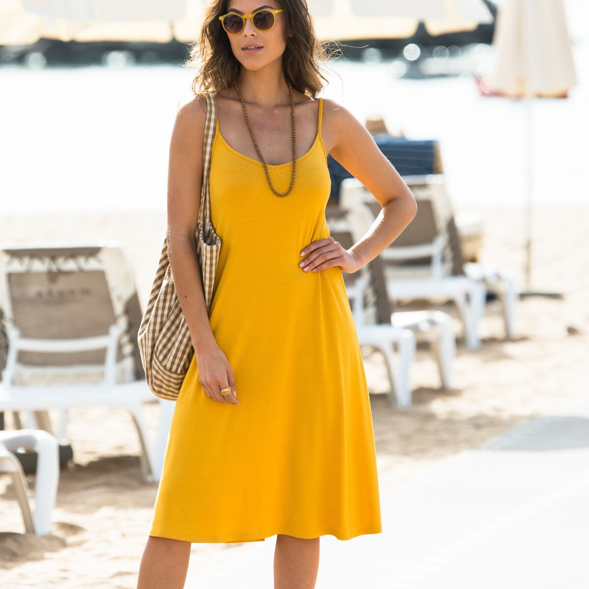 Jednofarebné rozšírené šaty žltá 34 36