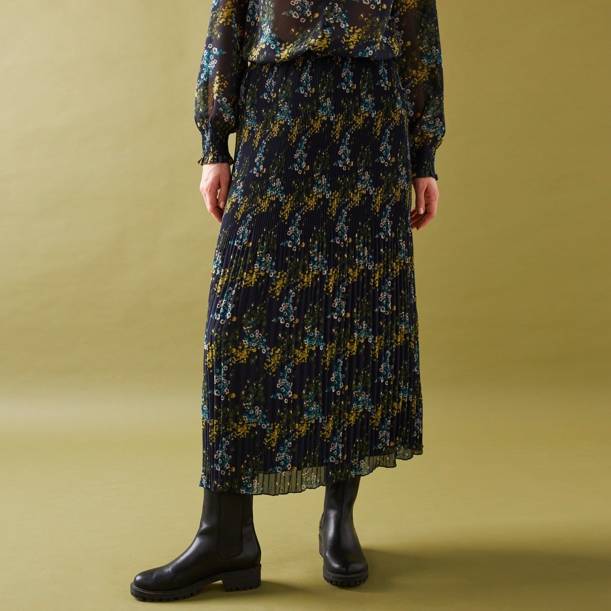 Plisovaná sukňa s potlačou kvetov z recyklovaného polyesteru, pre vysokú postavu nám.modrá khaki 36