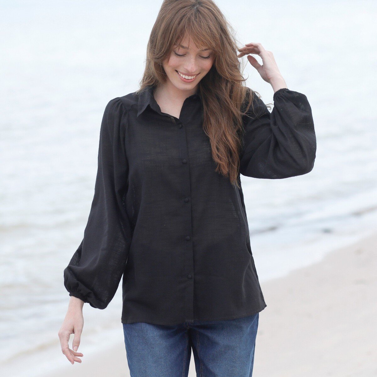 Bavlnené široká košeľa čierna 36