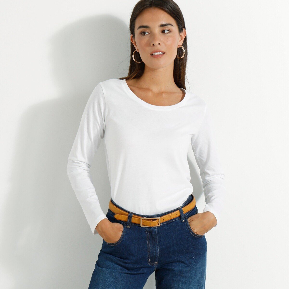 Jednofarebné tričko s dlhými rukávmi biela 34 36