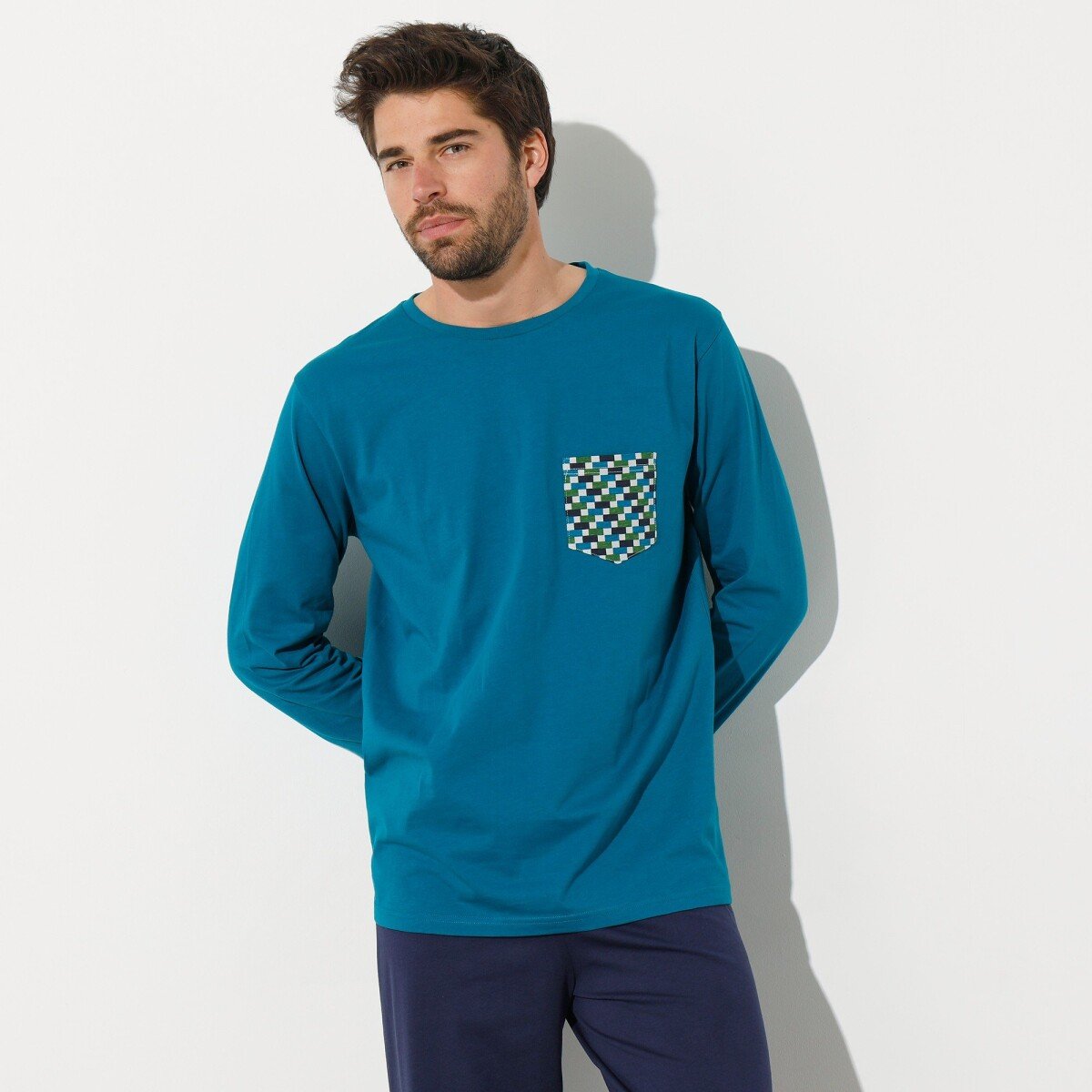 Pyžamové tričko s dlhými rukávmi, tyrkysovomodré modrá tyrkysová 77 86 (S)