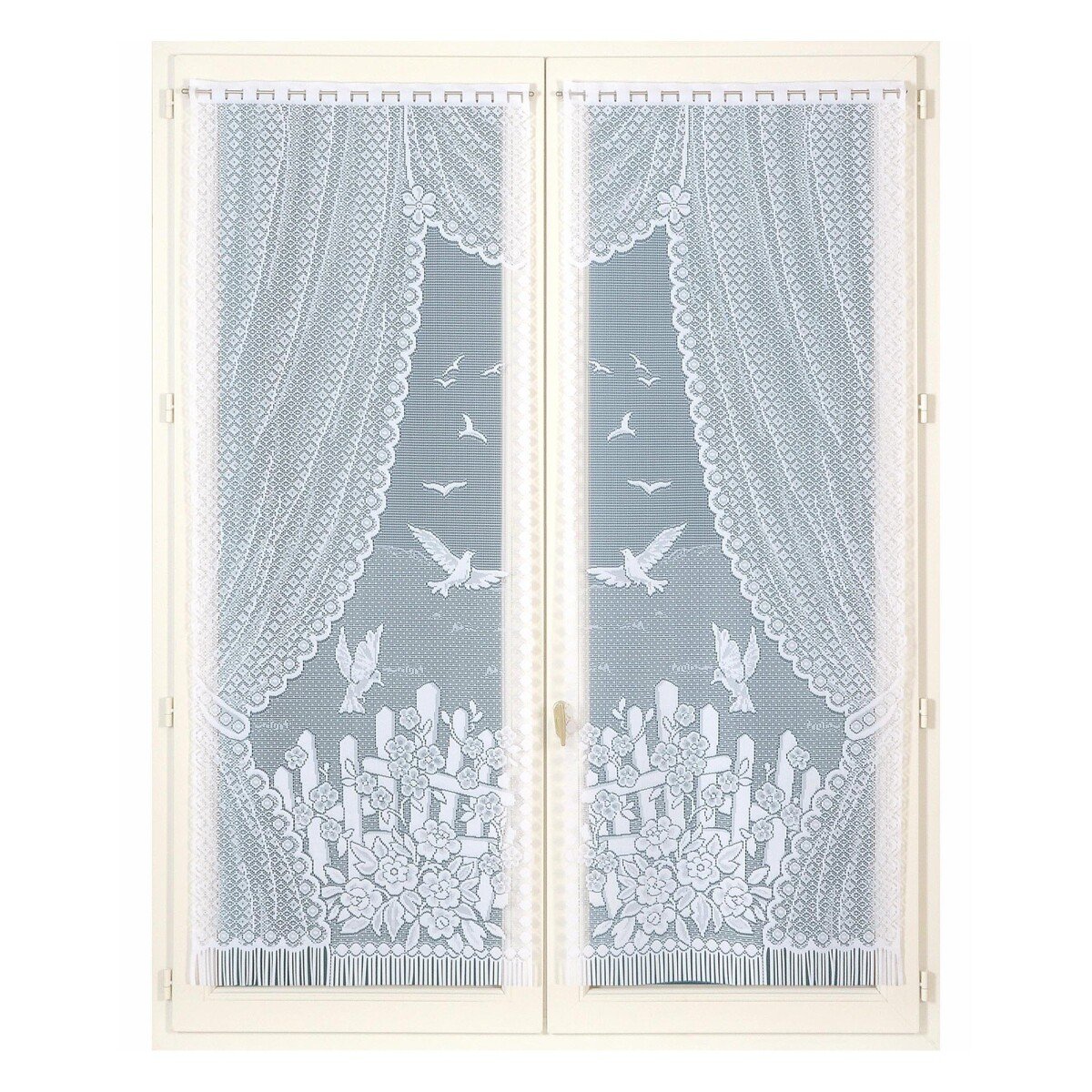 Rovná vitrážová záclona s motívom vtáčikov, pre garnižovú tyč, pár biela 44x120cm