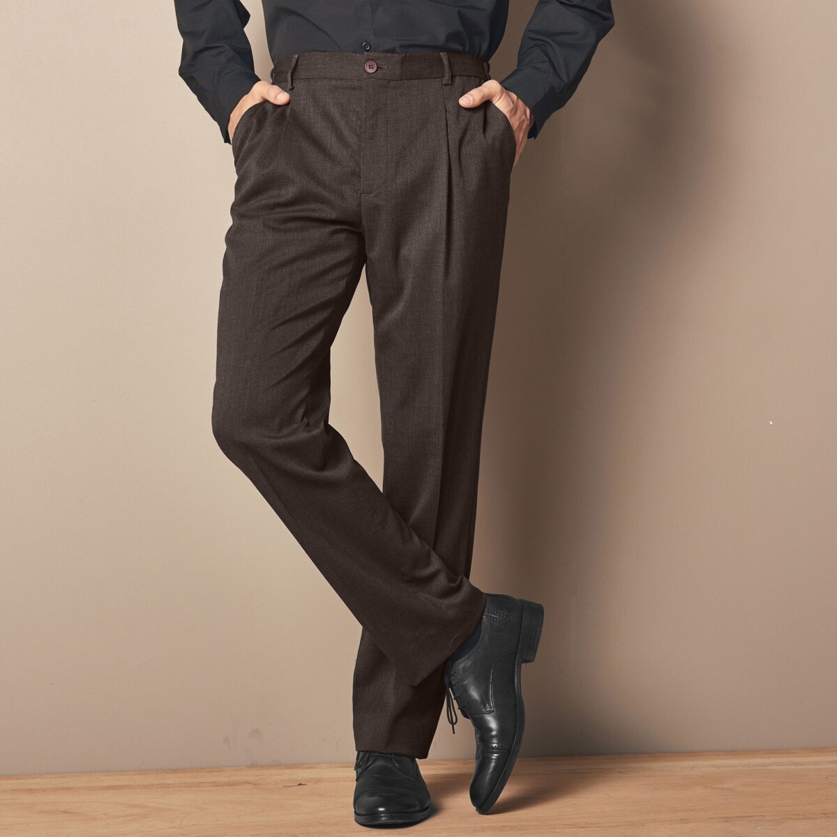 Nohavice s pružným pásom, polyester vlna oriešková 42