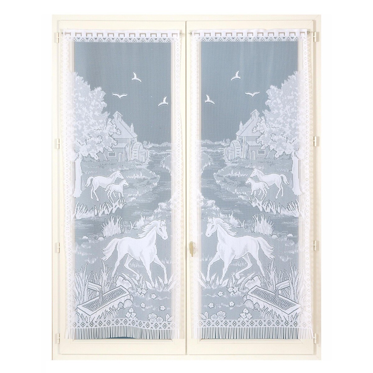 Rovná vitrážová záclona s motívom koňov, pre garnižovú tyč, pár biela 44x160cm