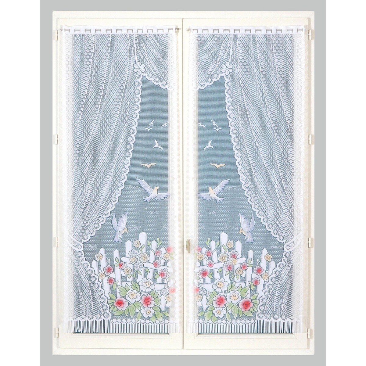 Rovná vitrážová záclona s motívom vtáčikov, pre garnižovú tyč, pár farebný potlač 44x120cm