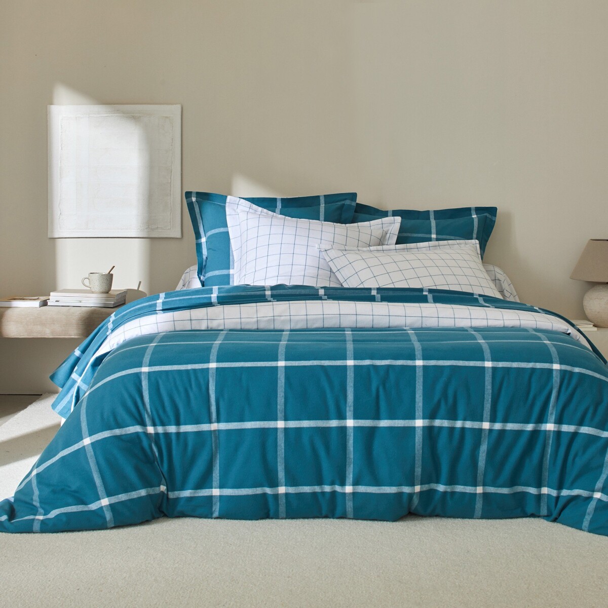 Flanelové kockované posteľná bielizeň, farbené vlákno pávia modrá obliečka na vank. 50x70cm