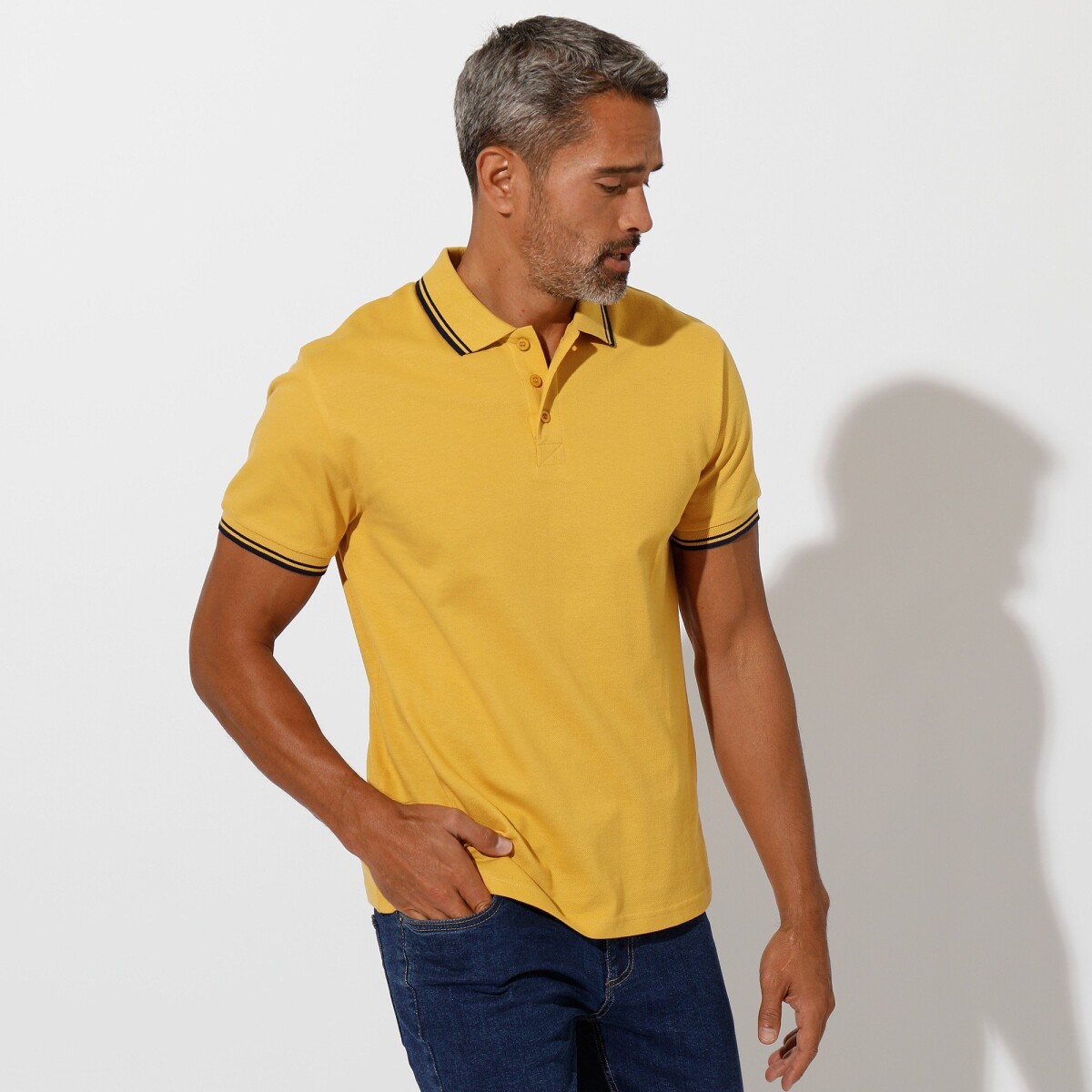 Polo tričko s pruhovaným golierom a krátkymi rukávmi žltá 87 96 (M)
