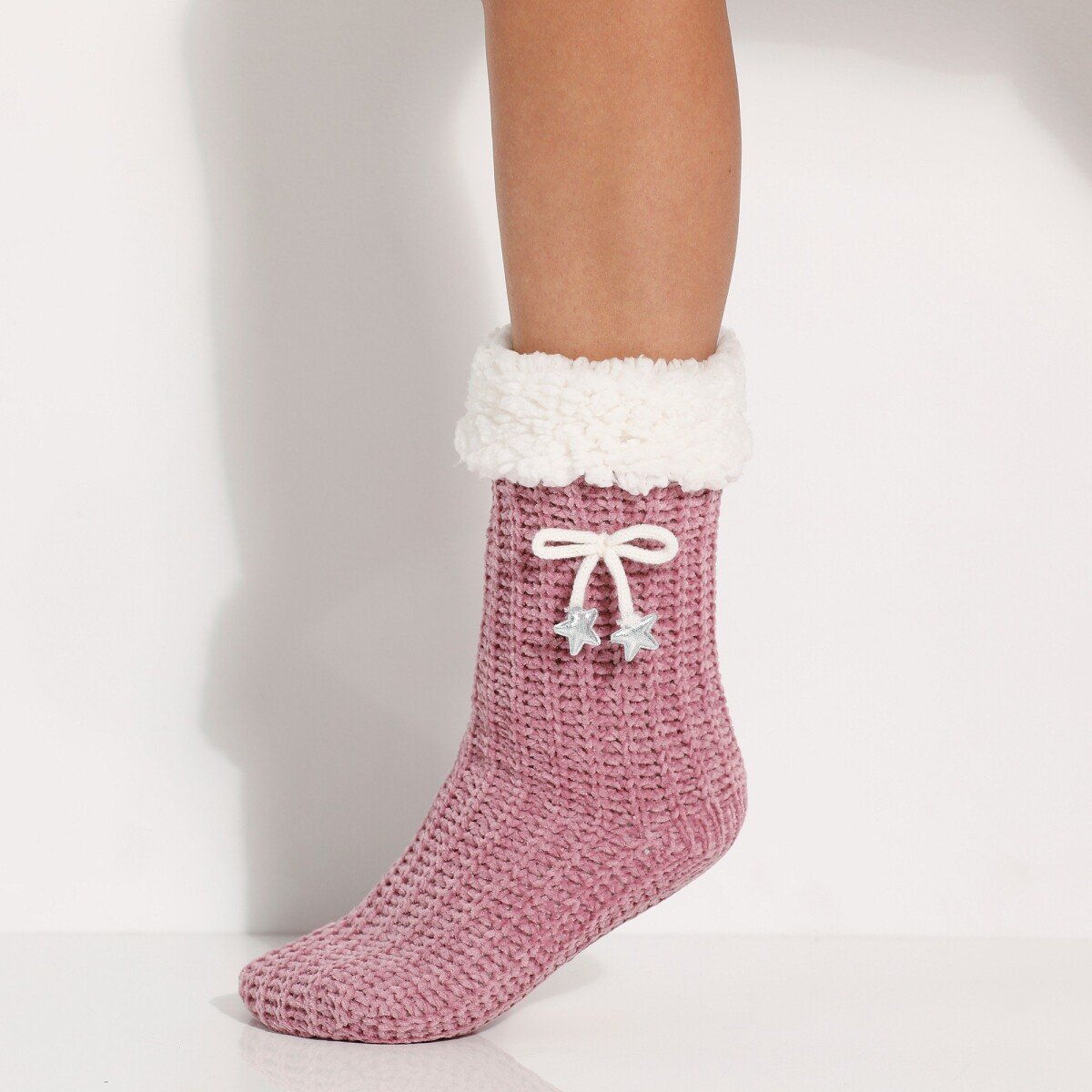Papučové ponožky zo ženilkového úpletu, s mašličkou a hviezdičkami fialovosivá 36 37