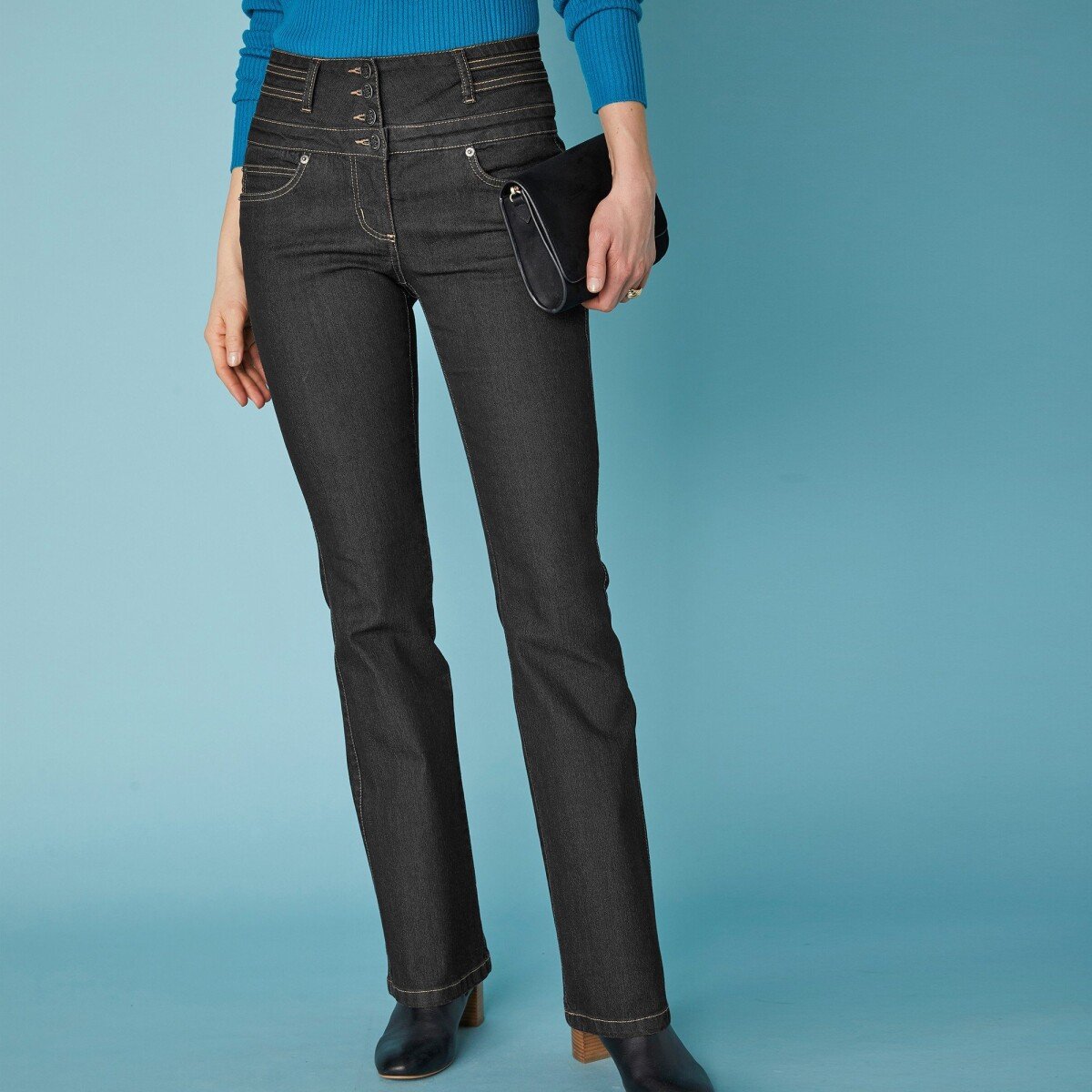 Bootcut džínsy s vysokým pásom, vnútor. dĺžka nohavíc 78 cm čierna 36