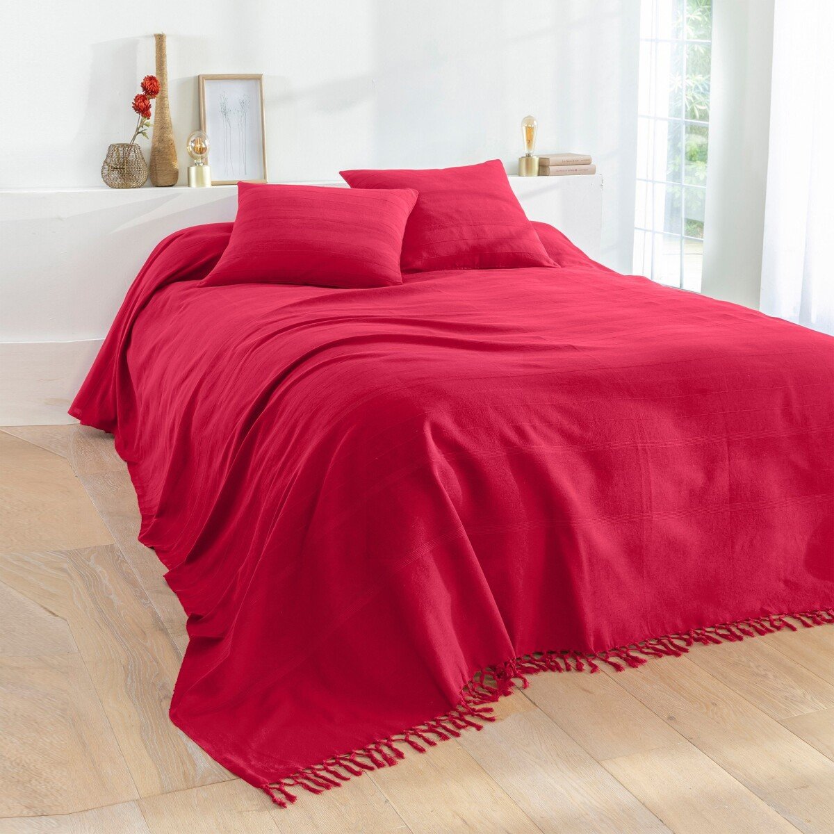Ručne tkaný pléd alebo prikrývka, jednofarebné tehlová obliečka na vank. 63x63cm