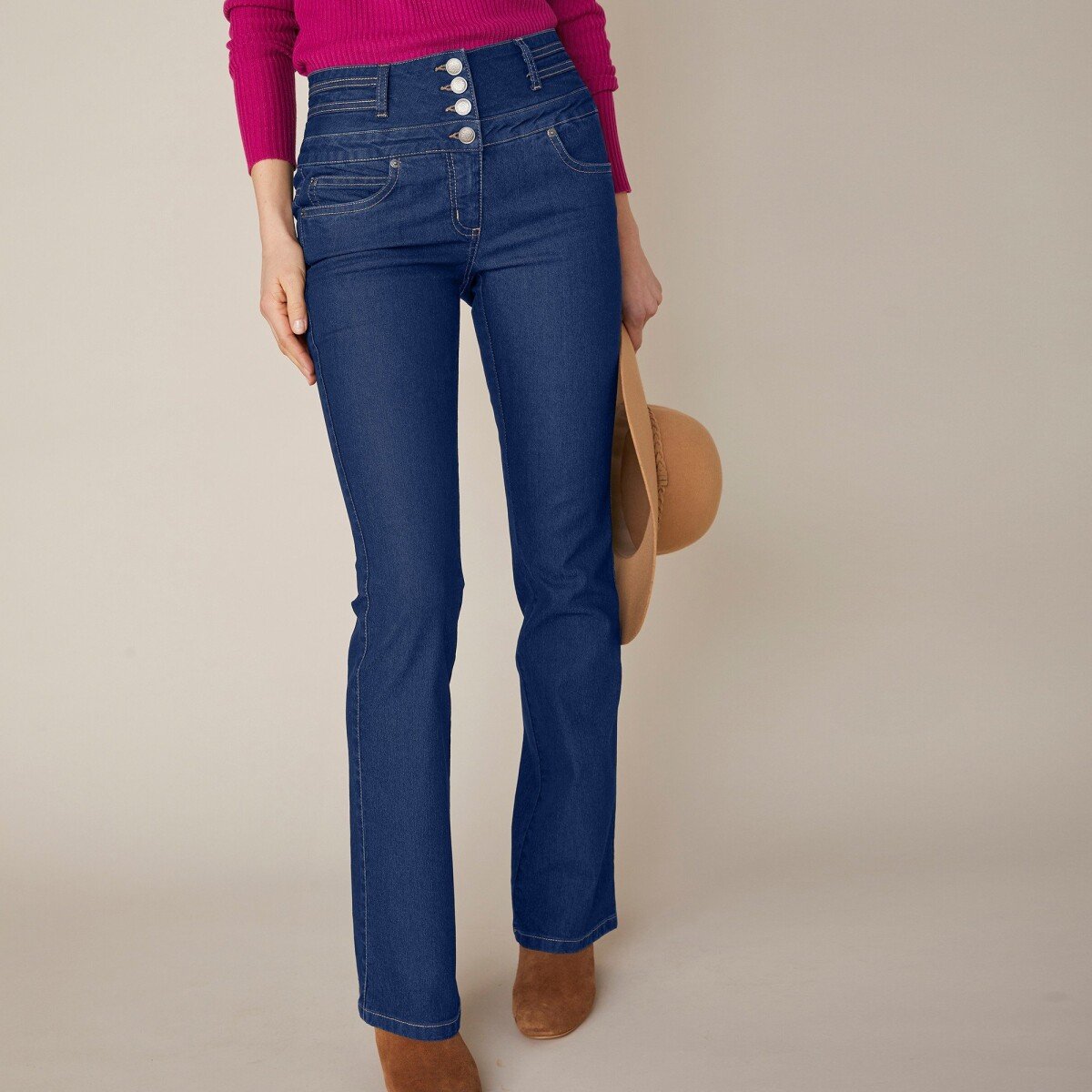 Bootcut džínsy s vysokým pásom, vnútor. dĺžka nohavíc 75 cm tmavomodrá 36